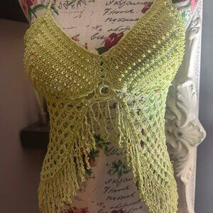 Lime Green Beaded Fringe Top Size S Festival Y2K